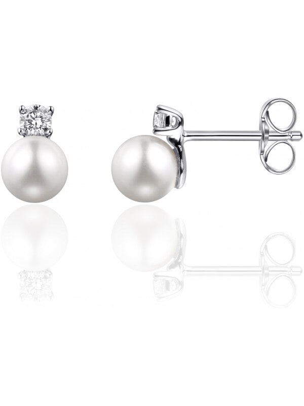 Gisser Jewels - I02E002 - Oorbellen - Oorstekers met Parel en gezet met Zirkonia - 9mm x 6mm - Gerhodineerd Zilver 925